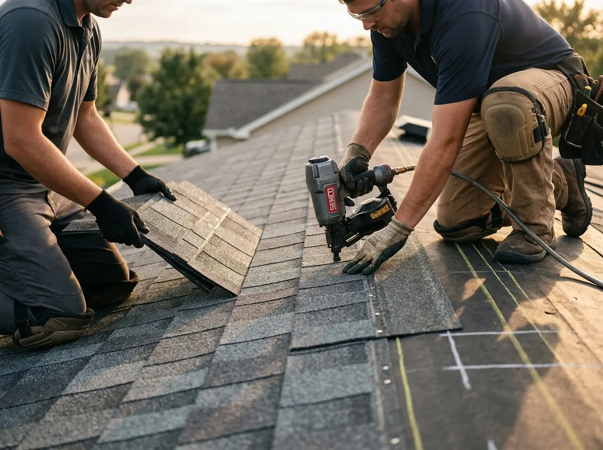 Professional roofer working on a residential roof in Willoughby Hills